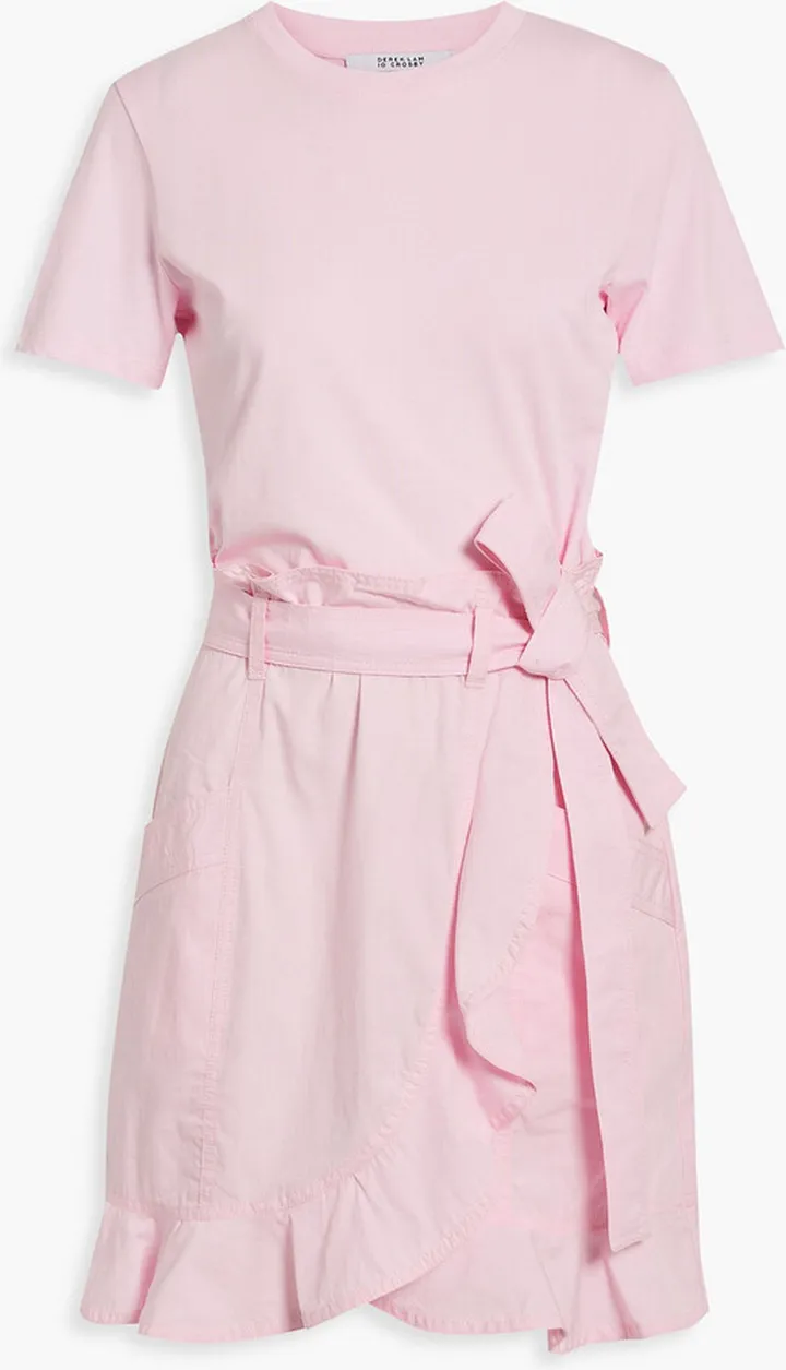 Belted wrap-effect broadcloth-paneled cotton-jersey dress