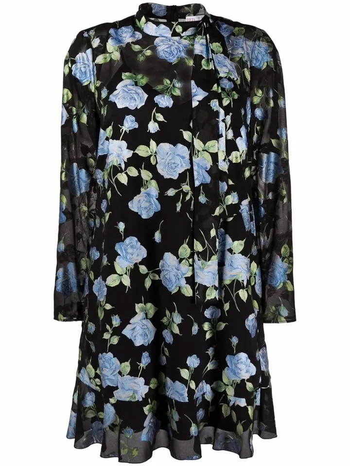 Floral-Print Pussy-Bow Collar Dress
