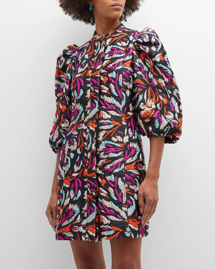 Cure Printed Printed Jacquard Puff Sleeve Mini Dress