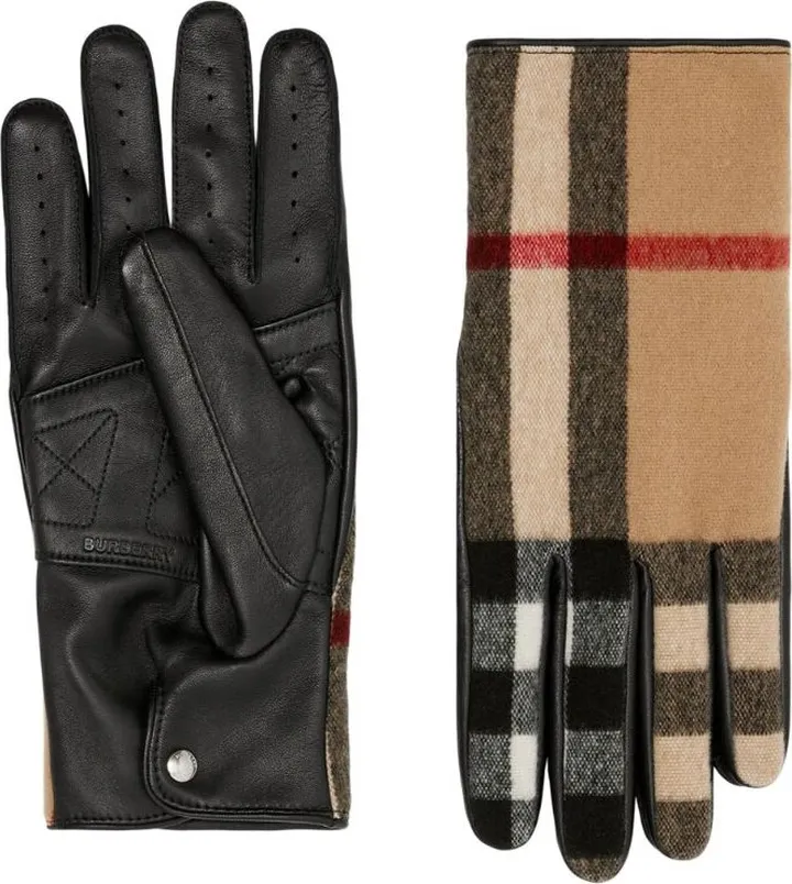 Burberry Leather And Wool Check Gloves