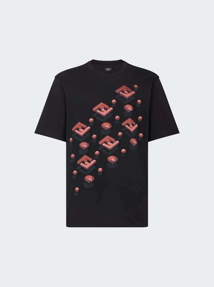 Silk Embroidered FF Diagonal Motif T-Shirt Black