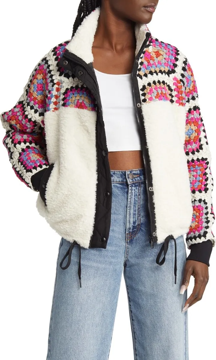 Crochet Faux Shearling Zip Jacket