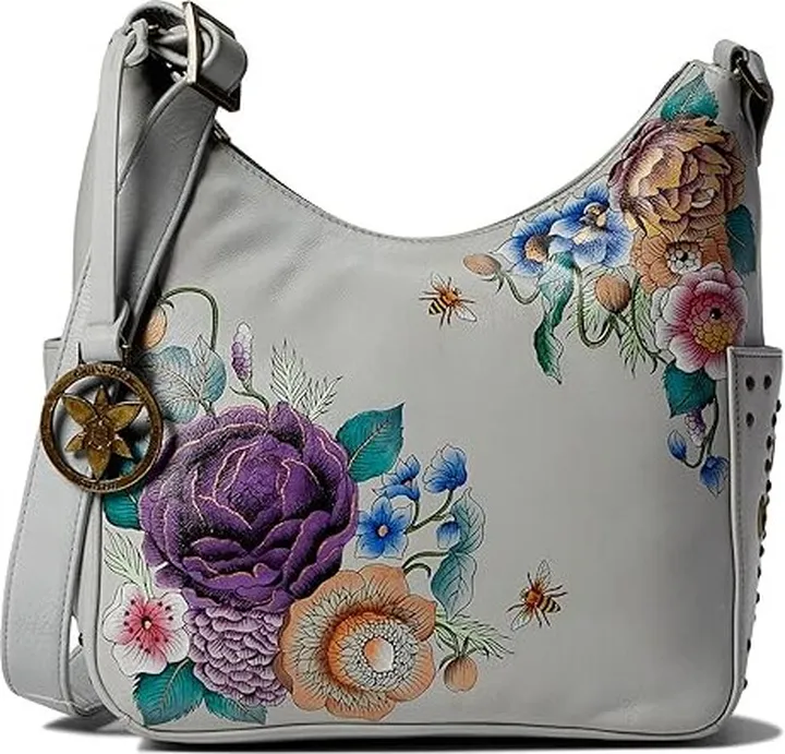 Anuschka 433 Classic Hobo With Studded Side Pockets (Floral Charm) Handbags