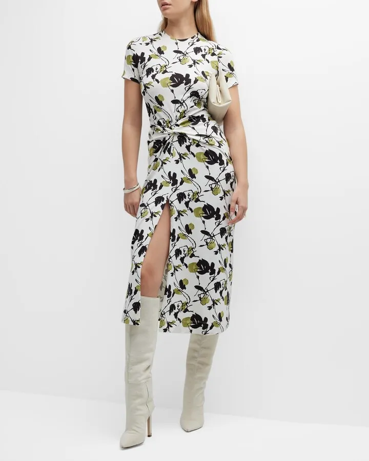 Ira Printed Jersey Knotted Midi Dress