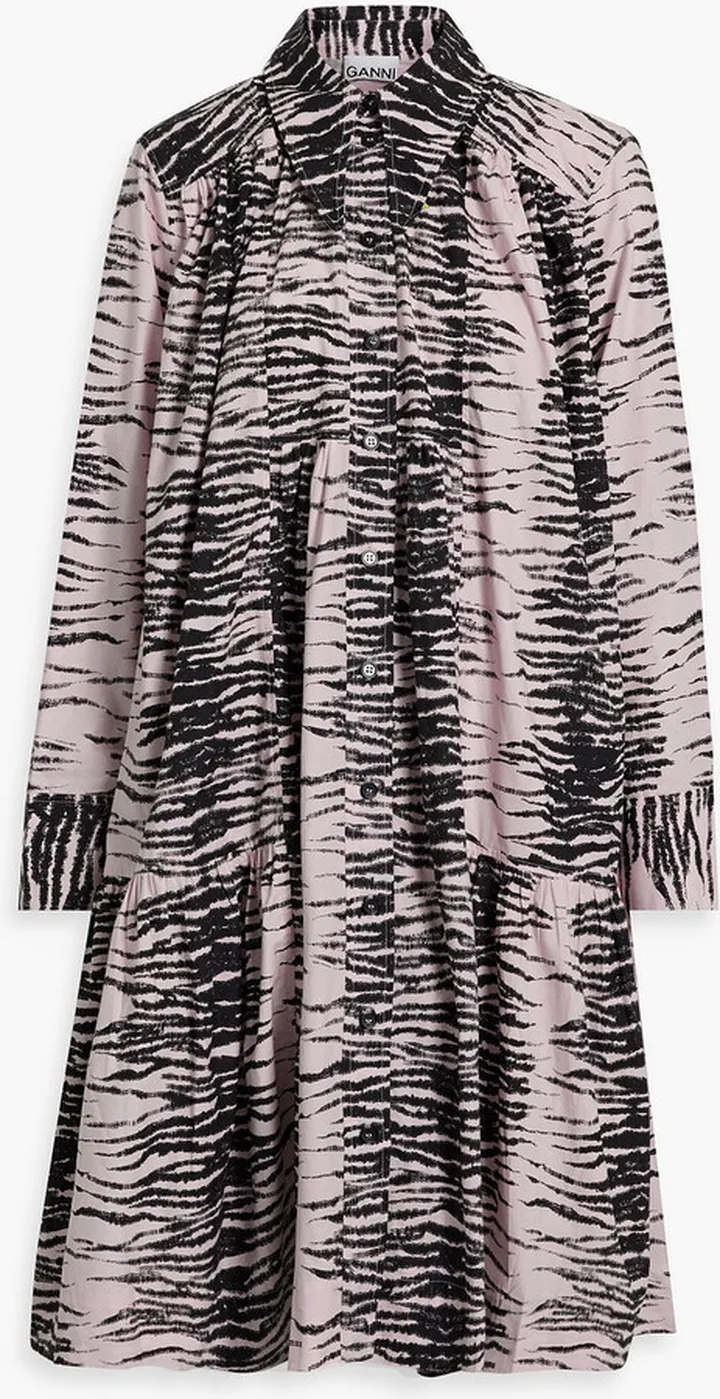 Gathered tiger-print cotton-poplin shirt dress