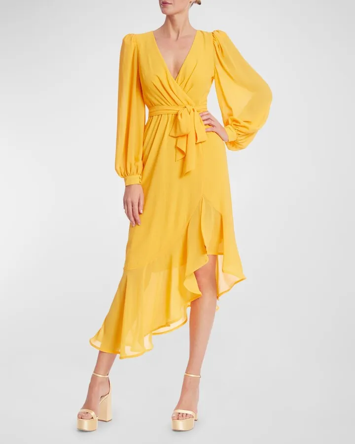 Asymmetric Blouson-Sleeve Midi Dress