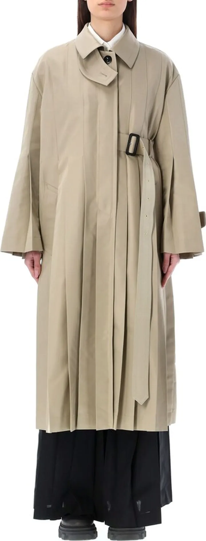 Pleated Long Trench With Belt