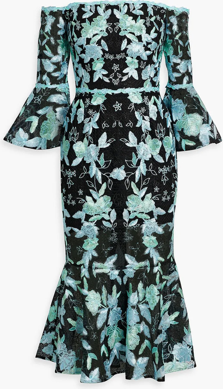 Off-the-shoulder fluted embroidered tulle midi dress