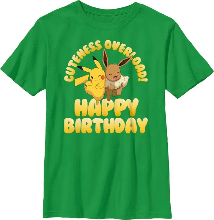 Boy's Pokemon Pikachu and Eevee Cuteness Overload Happy Birthday T-Shirt - Kelly Green - X Large
