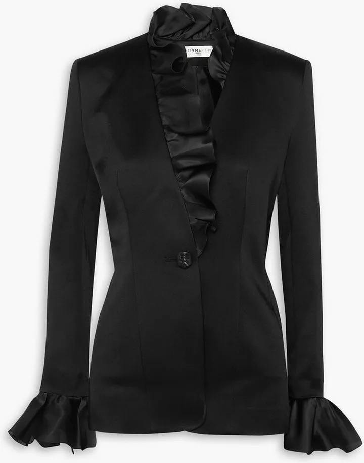 Marine ruffled organza-trimmed satin blazer