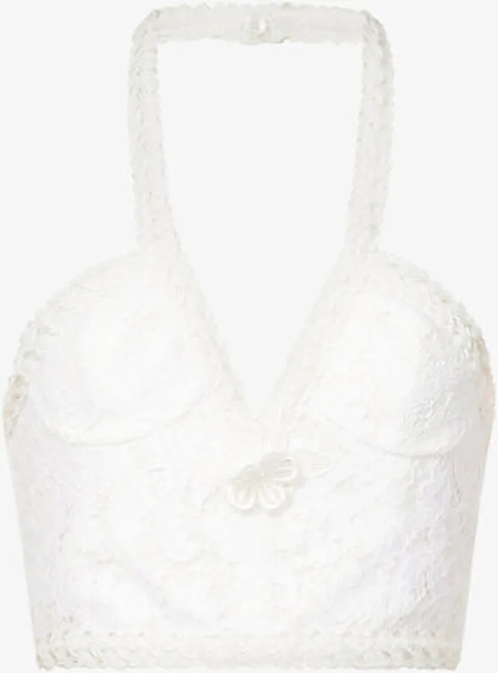 Womens White Lace Halterneck Cotton-blend top