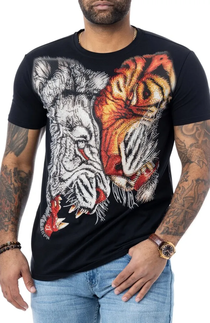 Bling Tiger Fight Rhinestone Studded T-Shirt