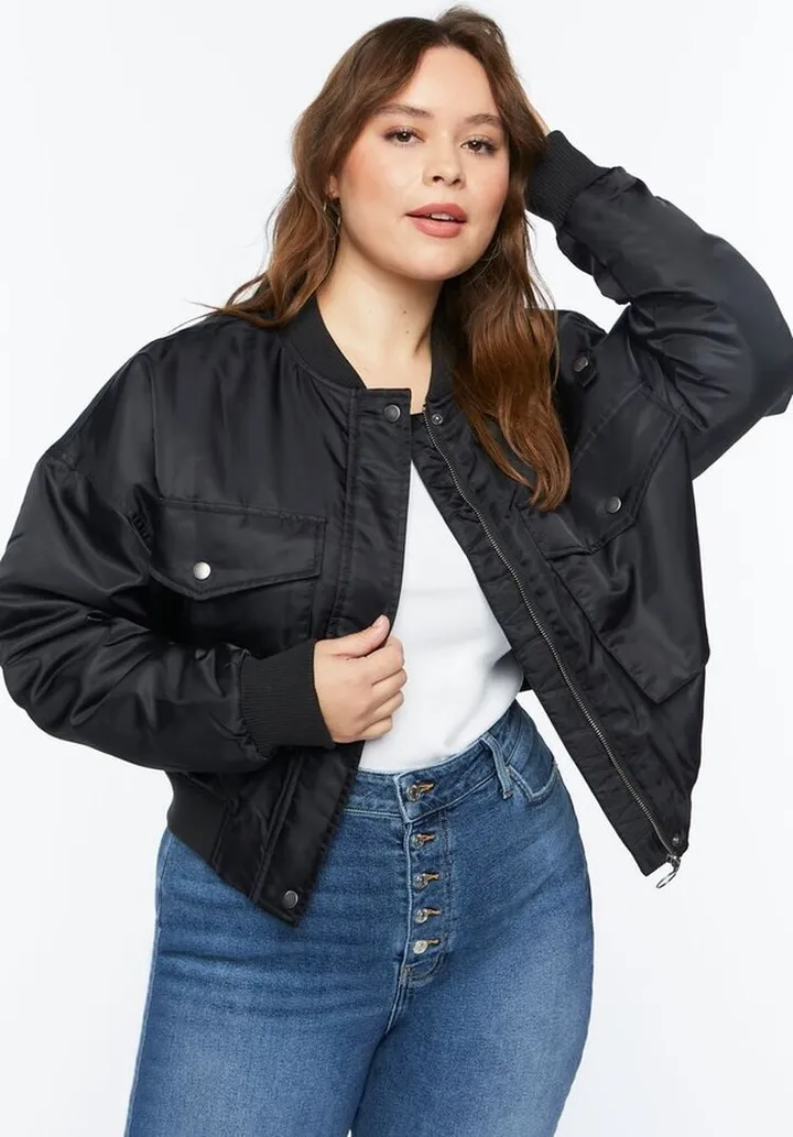 Plus Size Flap-Pocket Bomber Jacket