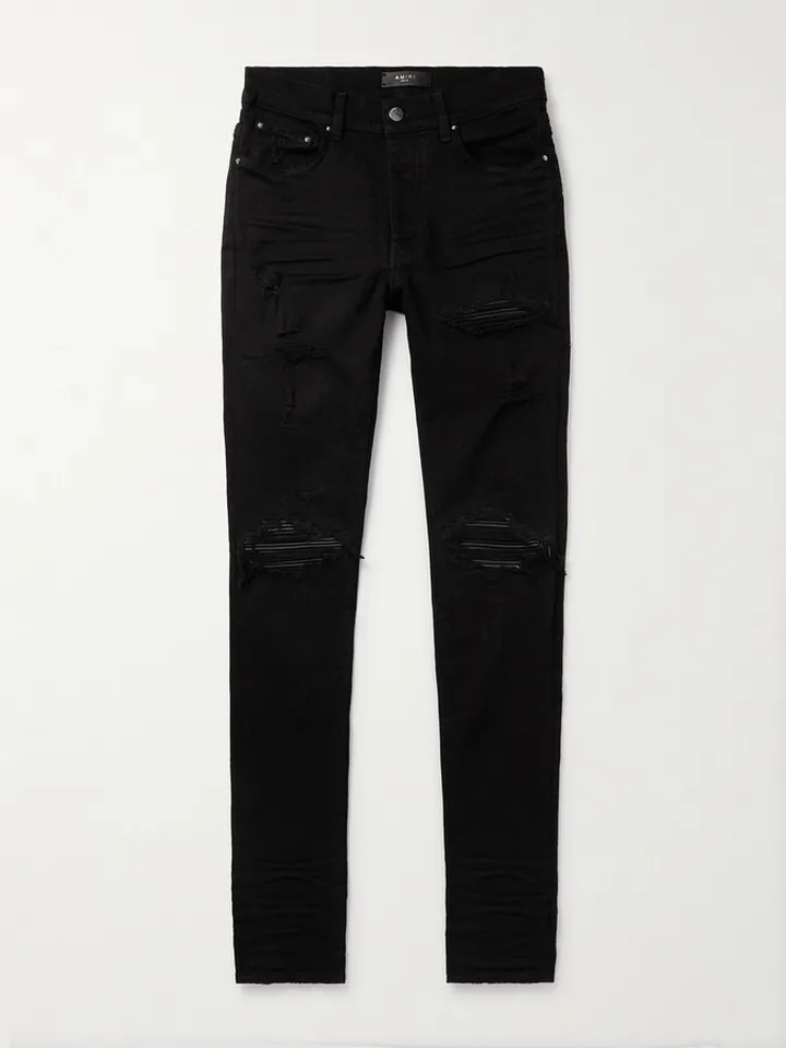 MX1 Skinny-Fit Leather-Panelled Distressed Jeans
