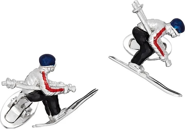 Articulated Skier Rhodium-Plated Enamel Cufflinks