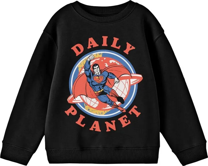 Superman Flying in Front of Daily Planet Youth Black Crew Neck Sweatshirt-XS