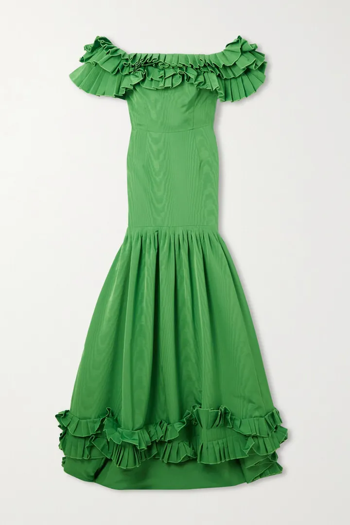 Oscar de la Renta - Off-the-shoulder Ruffled Cotton-blend Faille Gown - Green