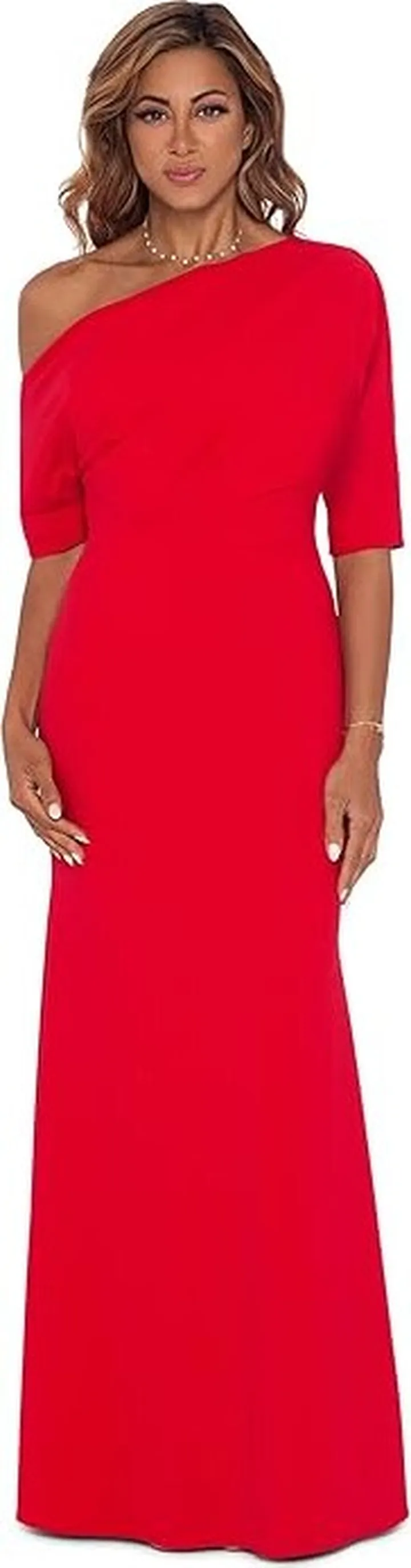 Betsy & Adam Long Scuba Crepe Over-the-Shoulder Gown (Red) Women's Dress