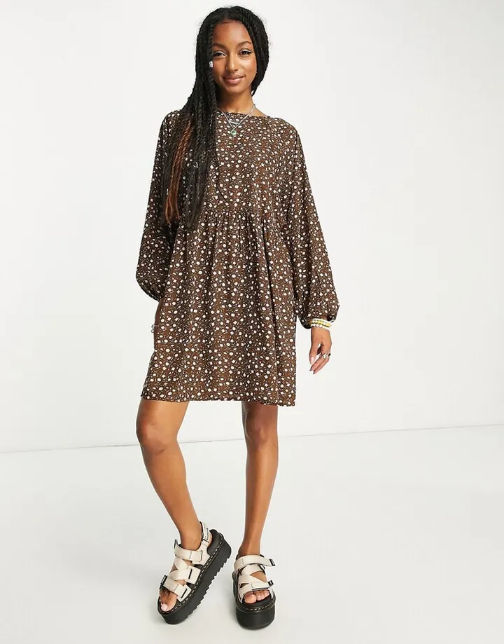Daisy Street smock mini dress in brown vintage ditsy
