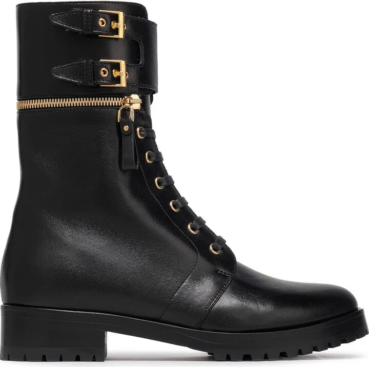 Zip-detailed buckled leather combat boots