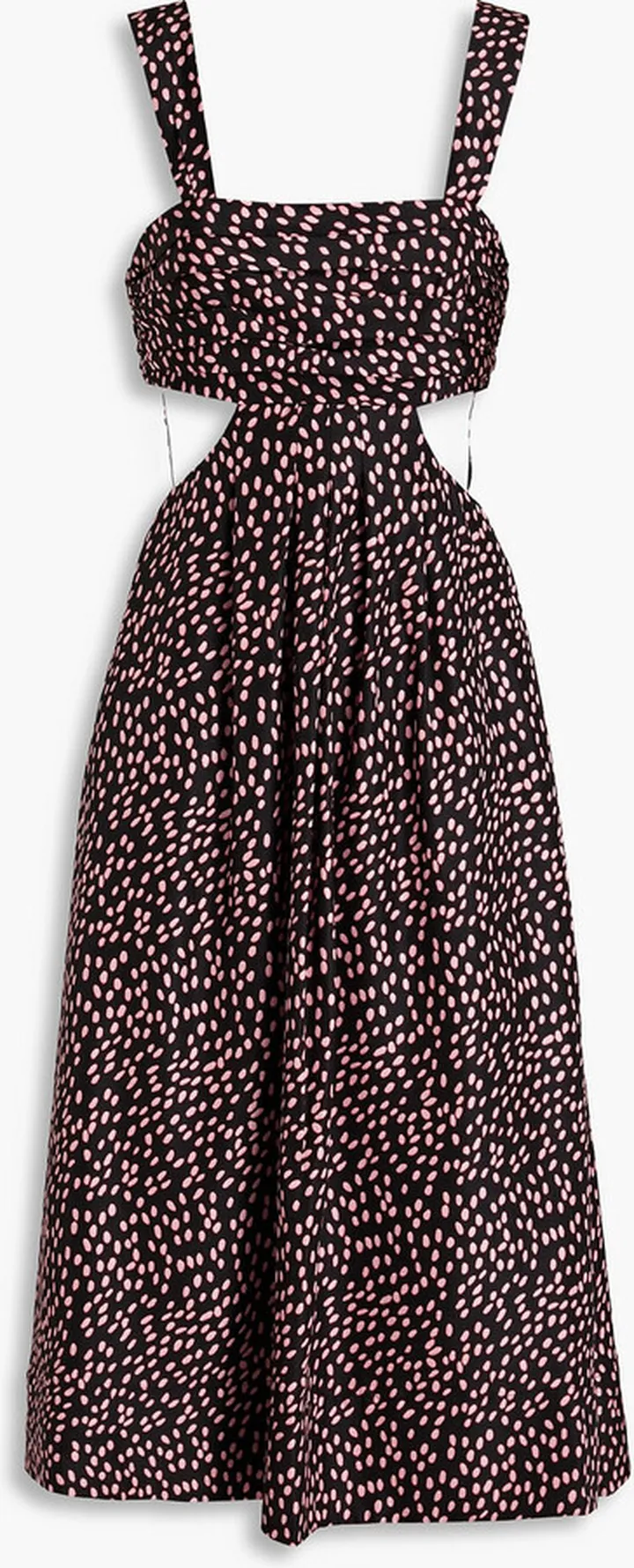 Cutout pleated printed silk-satin midi dress