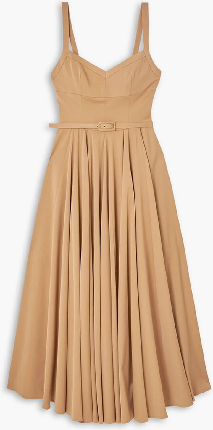 Elita belted pleated stretch-cady midi dress