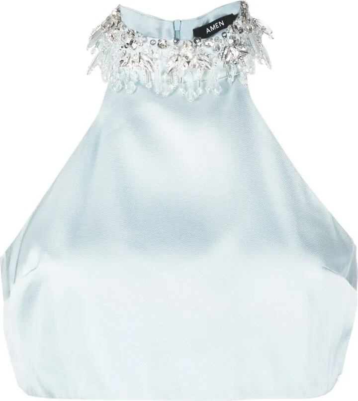 Crystal-Embellished Halterneck Crop Top