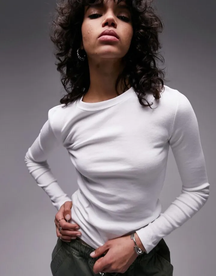 Topshop slim long sleeve top in white