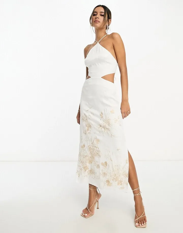 ASOS EDITION satin halter floral embroidered midi dress with cut-out back in ivory