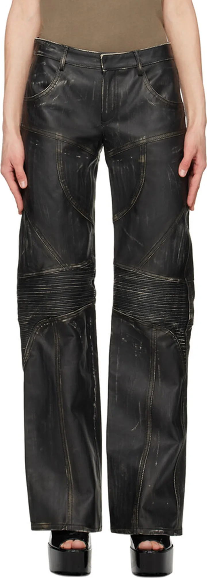 Blumarine Black Distressed Leather Pants