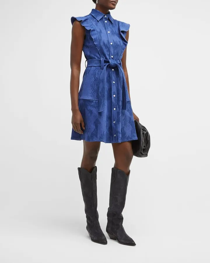Floral-Print Ruffle Belted Denim Shirtdress