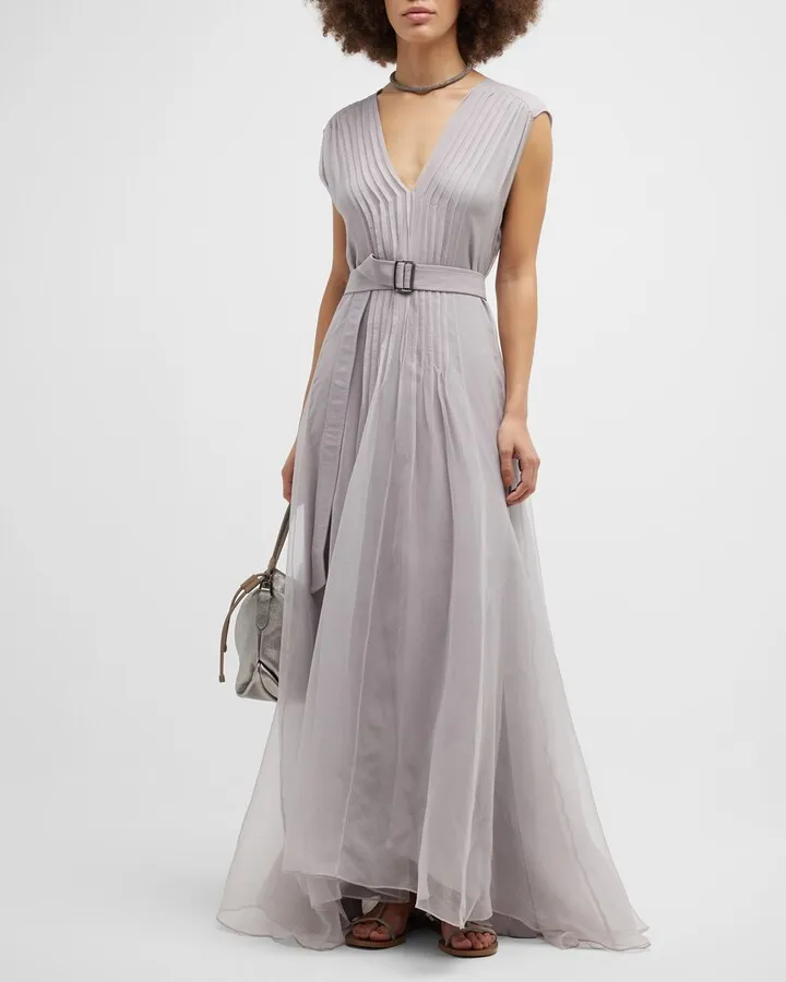 Monili-Strap Sleeveless Plisse Crispy Silk Maxi Dress