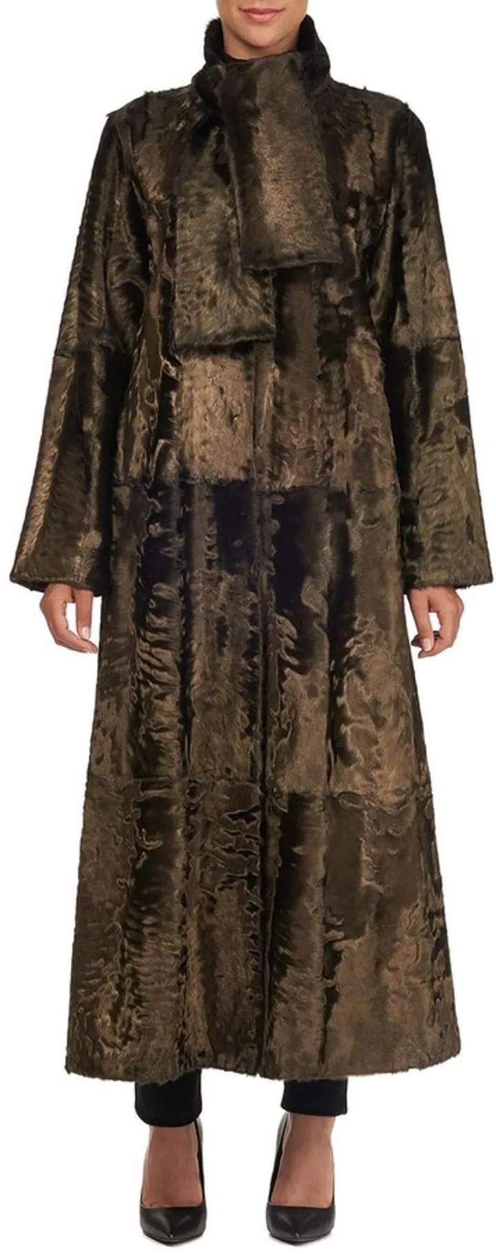 Long Tie-Collar Lamb Fur Coat
