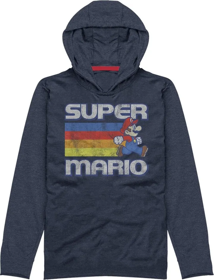 Men's Nintendo Super Mario Rainbow Stripes Pull Over Hoodie - Navy Blue - Small
