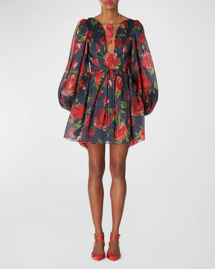 Floral Print Mini Dress with Balloon Sleeves