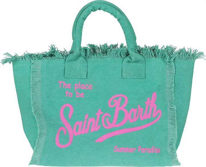 Bag with handles and zip closure Pocket inside Surrounded by fringe and decorated with an embroidered logo Colour: green