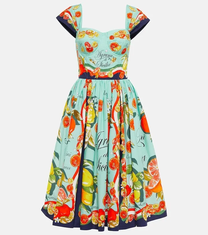 Printed cotton poplin midi dress