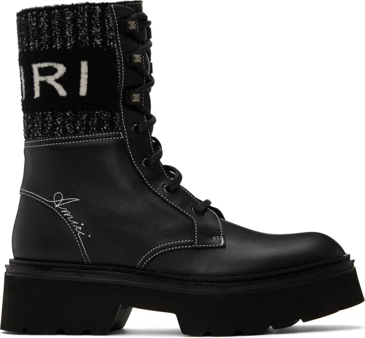 AMIRI Black Knit Logo Collar Combat Boots