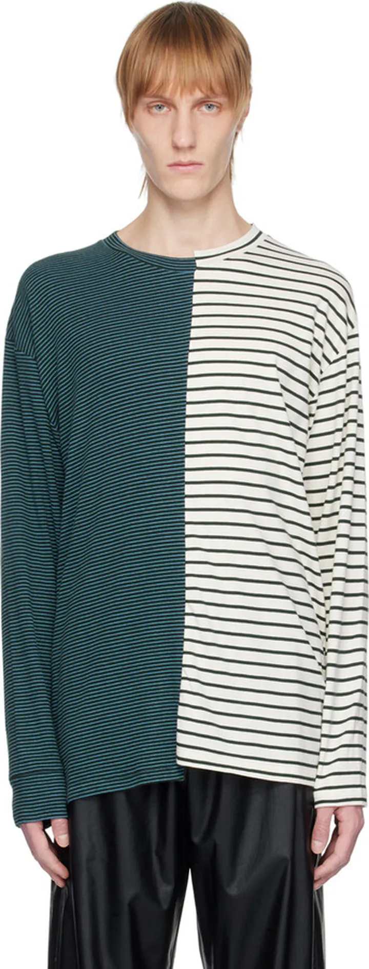 MM6 Maison Margiela Green & Off-White Half-Ribbed Long Sleeve T-Shirt