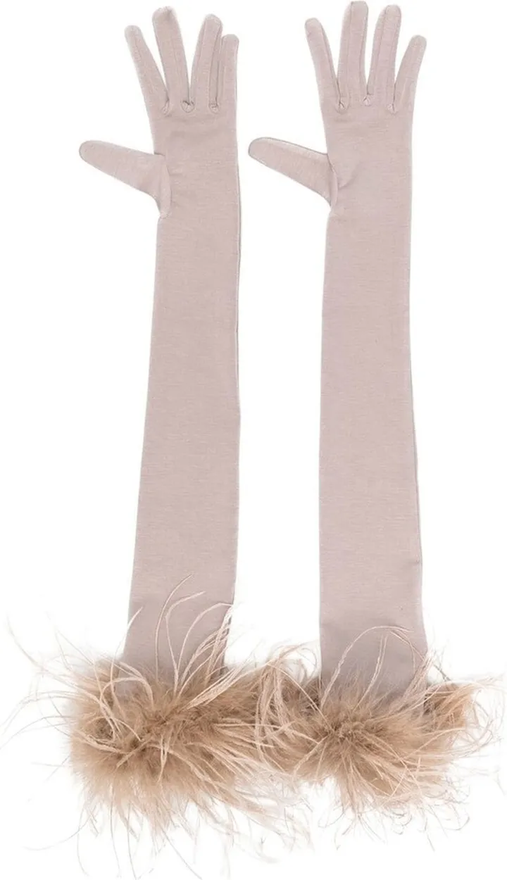 Feather-Trim Opera Gloves