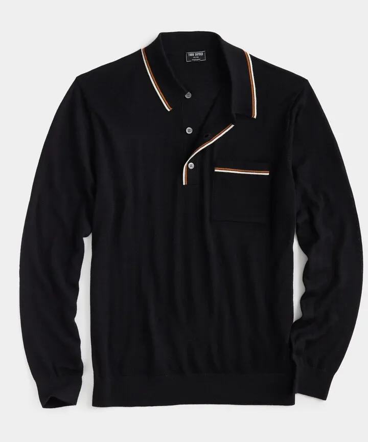 Long-Sleeve Merino Tipped Sweater Polo in Black