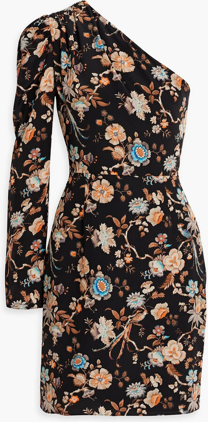One-shoulder gathered floral-print silk crepe de chine mini dress