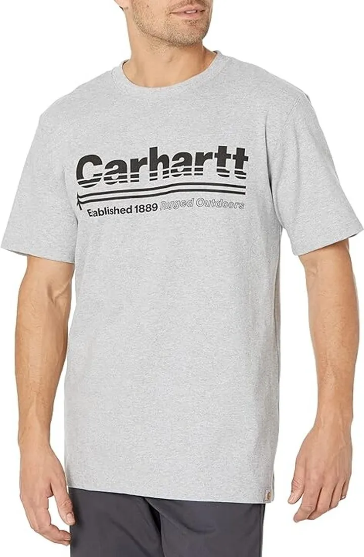 Carhartt Relaxed Fit Heavyweight Short Sleeve Outdoors Graphic T-Shirt (Heather Grey) Men's Clothing