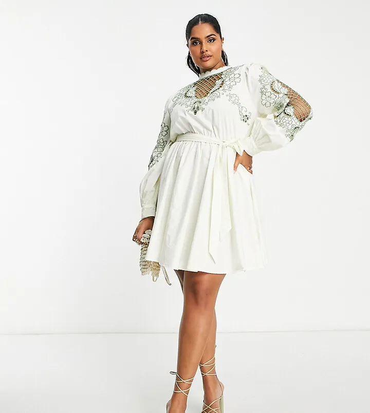 ASOS DESIGN Curve high neck cutwork belted mini dress in stone with green detail