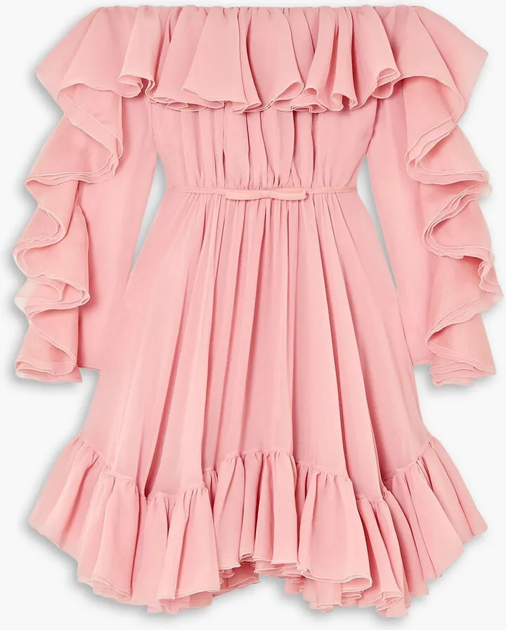 Off-the-shoulder ruffled silk-georgette mini dress