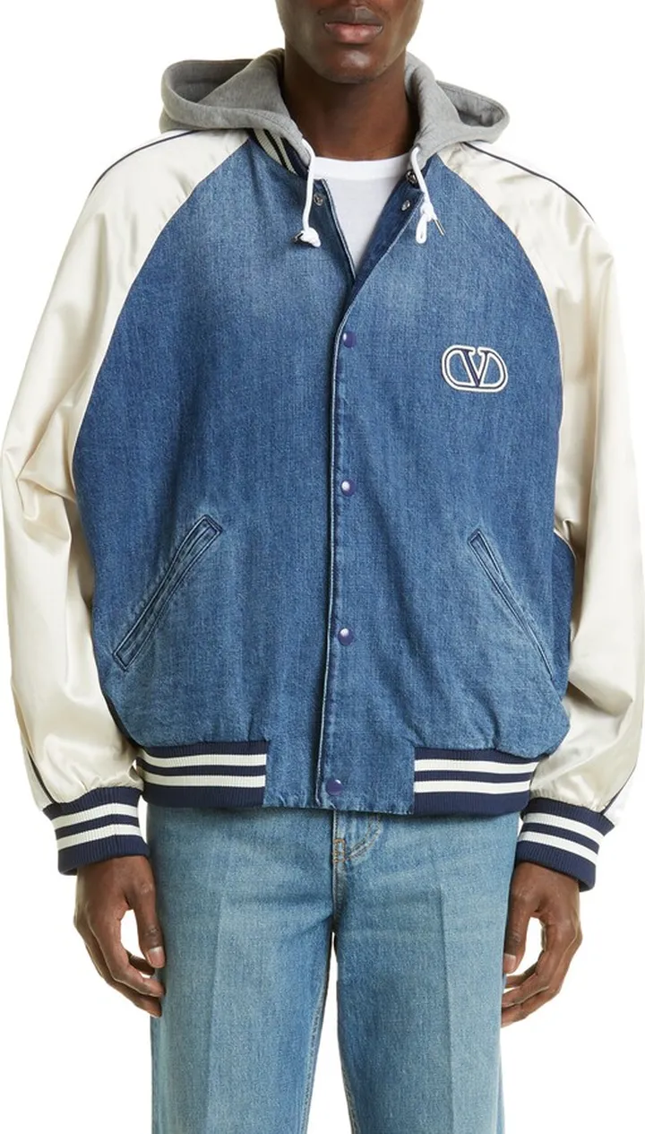 Satin Sleeve Hooded Denim Jacket