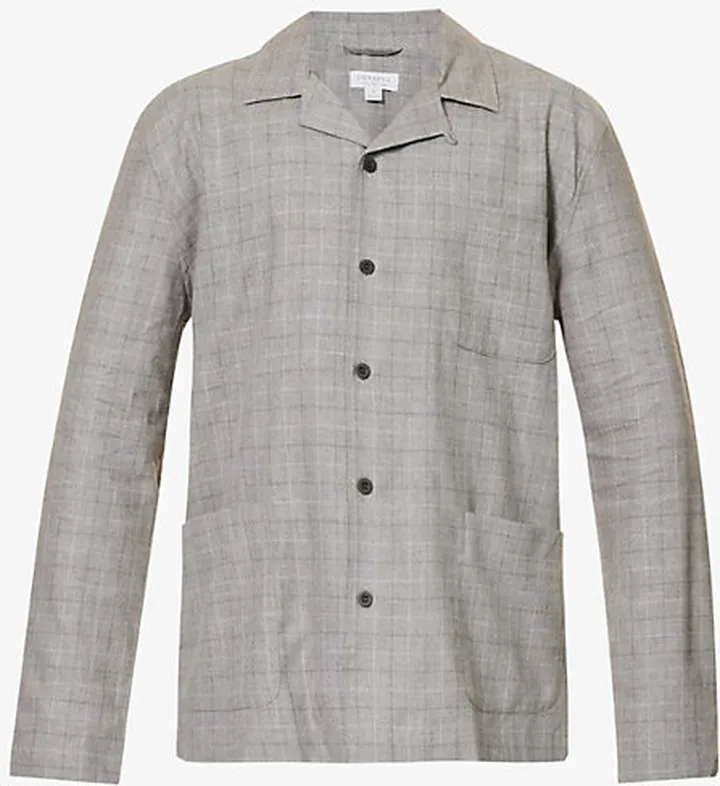 Mens Mid Grey Checked Camp-collar Cotton-poplin Pyjama Shirt