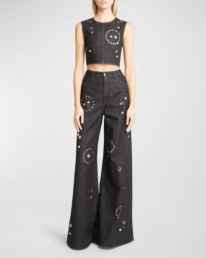 Grommet Sleeveless Crop Denim Top