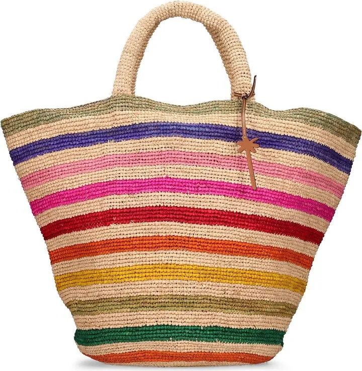 Summer rainbow striped raffia tote bag