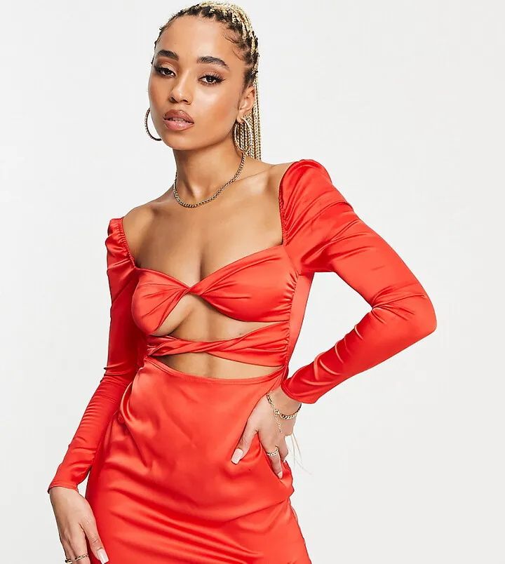 ASYOU twist detail long sleeve mini dress in red